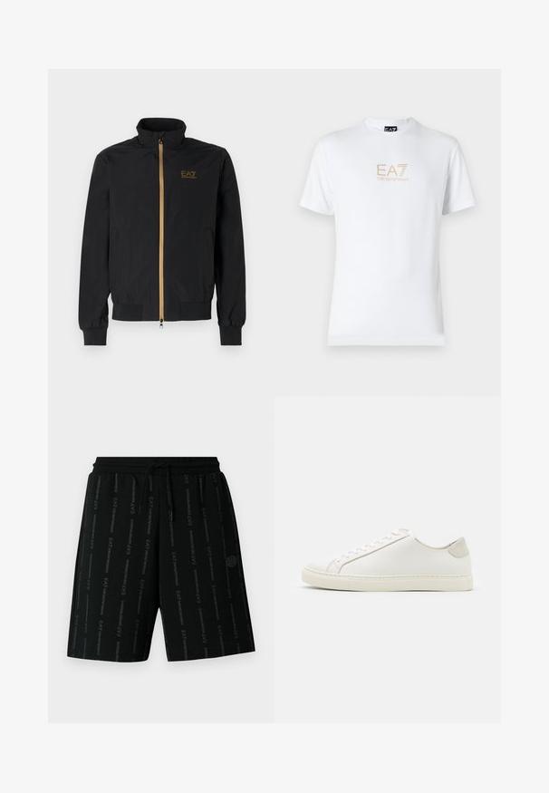 Mustat pommikotelotakki, joka on valmistettu sileästä kankaasta. Ominaisuuksiin kuuluu korkea kaulus, kultainen vetoketju ja EA7-logo vasemmassa rinnassa. Elastiset hihansuut ja helma.; Valkoinen puuvillapaita, jossa on pyöreä kaula-aukko ja lyhyet hihansuut. Paidassa on etupuolella kultainen EA7 Emporio Armani -logo.; Mustat kuminauhalla kiristettävät shortsit, joissa pystysuuntainen "EA7 Emporio Armani" -logokuvio ja pyöreä logopainatus oikeassa lahkeessa.; Valkoinen nahkakengät, joissa on sileä pinta, pyöreä kärki ja minimalistiinen muotoilu. Varressa beige-yksityiskohtia ja kumipohja.