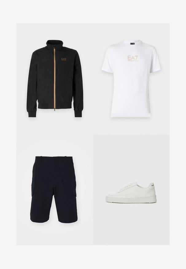Čierna bomber bunda vyrobená z hladkej látky. Má vysoký golier, zlatý zips a logo EA7 na ľavej hrudi. Elastické manžety a lem.; Biela bavlnená tričko s okrúhlym výstrihom a krátkymi rukávmi, na prednej strane s potlačou zlatého loga EA7 Emporio Armani.; rag & bone CADE - Šortky - black; Biele kožené tenisky s hladkým povrchom, okrúly špičkový dizajn, ploché šnúrky a textúrovaná podrážka. Obsahujú jemné logo na päte.