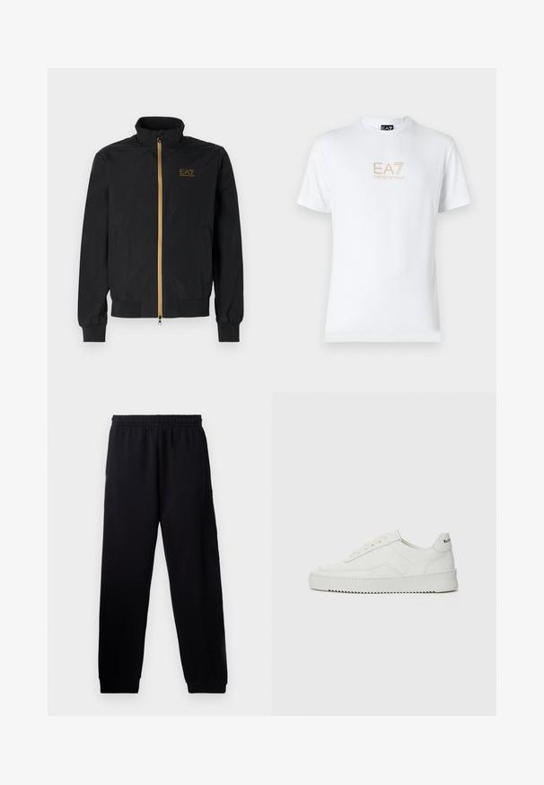 Schwarze Bomberjacke aus glattem Stoff. Verfügt über einen hohen Kragen, einen goldenen Reißverschluss und ein EA7-Logo auf der linken Brust. Elastische Bündchen und Saum.; Weißes Baumwoll-T-Shirt mit Rundhalsausschnitt und kurzen Ärmeln, mit einem goldenen EA7 Emporio Armani-Logo auf der Vorderseite.; Schwarze Sporthosen mit einem elastischen Bund, schmal zulaufenden Beinen und einem strukturierten Logo-Detail am linken Bein. Hergestellt aus weichem, leichtem Stoff.; Weiße Ledersneaker mit glatter Oberfläche, runder Zehenpartie, flachen Schnürsenkeln und strukturiertem Sohlenprofil. Mit einem dezenten Logo an der Ferse.
