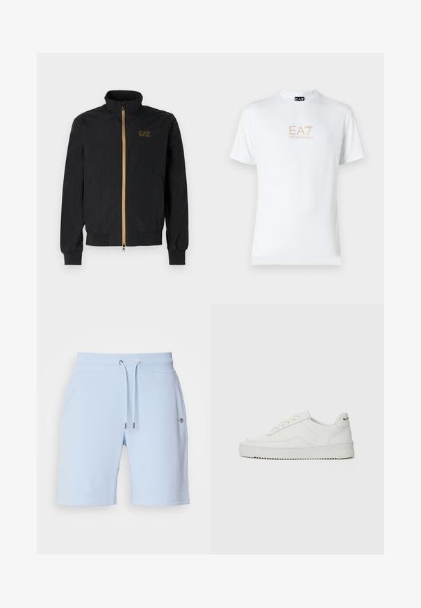 Zwarte bomberjack gemaakt van soepel materiaal. Heeft een hoge kraag, gouden ritssluiting en EA7-logo op de linkerkant van de borst. Elastische cuffs en onderrand.; Witte katoenen t-shirt met een ronde halslijn en korte mouwen, voorzien van een gouden EA7 Emporio Armani-logo op de voorkant.; Lichtblauwe shorts van zacht materiaal, met een elastische tailleband met een koord en een klein logo aan de voorkant.; Witte leren sneaker met een gladde afwerking, ronde neus, platte veters en een gestructureerde zool. Kenmerkt zich door een subtiel logo op de hiel.