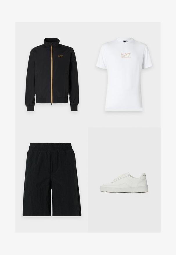 Black bomber jacket made from smooth fabric. Features a high collar, gold zipper, and EA7 logo on the left chest. Elastic cuffs and hem.; White cotton t-shirt featuring a round neckline and short sleeves, with a gold EA7 Emporio Armani logo printed on the front.; Black shorts with an elastic waistband, featuring a textured fabric, knee-length design, and side pockets.; White leather sneaker with a smooth finish, round toe, flat laces, and a textured sole. Features a subtle logo on the heel.