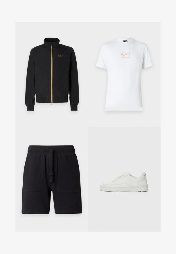 Mustat pommikotelotakki, joka on valmistettu sileästä kankaasta. Ominaisuuksiin kuuluu korkea kaulus, kultainen vetoketju ja EA7-logo vasemmassa rinnassa. Elastiset hihansuut ja helma.; Valkoinen puuvillapaita, jossa on pyöreä kaula-aukko ja lyhyet hihansuut. Paidassa on etupuolella kultainen EA7 Emporio Armani -logo.; Mustat shortsit, jotka on valmistettu puuvillasekoitekankaasta, jossa on joustava vyötärönyöri, kaksi sivutaskua ja pieni logotunnus.; Valkoinen nahkakenkä, jossa on sileä pinta, pyöreä kärki, tasaiset nauhat ja teksturoitu pohja. Sisältää huomaamattoman logon kantapäässä.