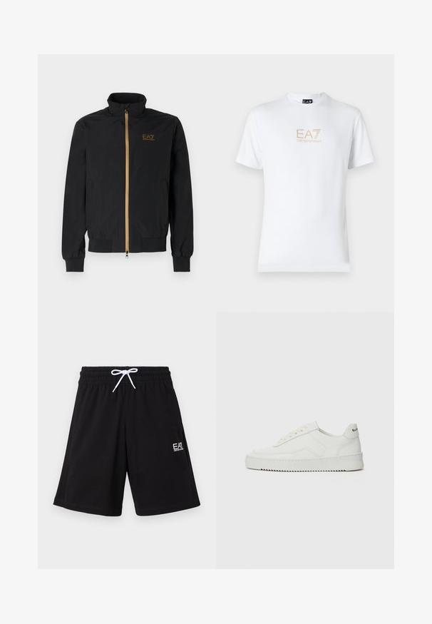 Čierna bomber bunda vyrobená z hladkej látky. Má vysoký golier, zlatý zips a logo EA7 na ľavej hrudi. Elastické manžety a lem.; Biela bavlnená tričko s okrúhlym výstrihom a krátkymi rukávmi, na prednej strane s potlačou zlatého loga EA7 Emporio Armani.; Čierne športové šortky vyrobené z elastického materiálu, s elastickým pásom a bielou šnúrkou na stiahnutie, a s malým logom na nohavici.; Biele kožené tenisky s hladkým povrchom, okrúly špičkový dizajn, ploché šnúrky a textúrovaná podrážka. Obsahujú jemné logo na päte.