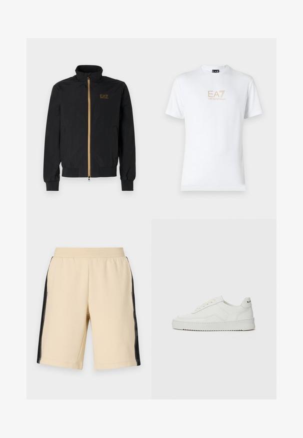 Čierna bomber bunda vyrobená z hladkej látky. Má vysoký golier, zlatý zips a logo EA7 na ľavej hrudi. Elastické manžety a lem.; Biela bavlnená tričko s okrúhlym výstrihom a krátkymi rukávmi, na prednej strane s potlačou zlatého loga EA7 Emporio Armani.; Bežové šortky vyrobené z mäkkej tkaniny s čiernymi sieťovanými bočnými panelmi. Elastický pás a rovný strih nohavíc. Hladká textura a minimalistický dizajn.; Biele kožené tenisky s hladkým povrchom, okrúly špičkový dizajn, ploché šnúrky a textúrovaná podrážka. Obsahujú jemné logo na päte.