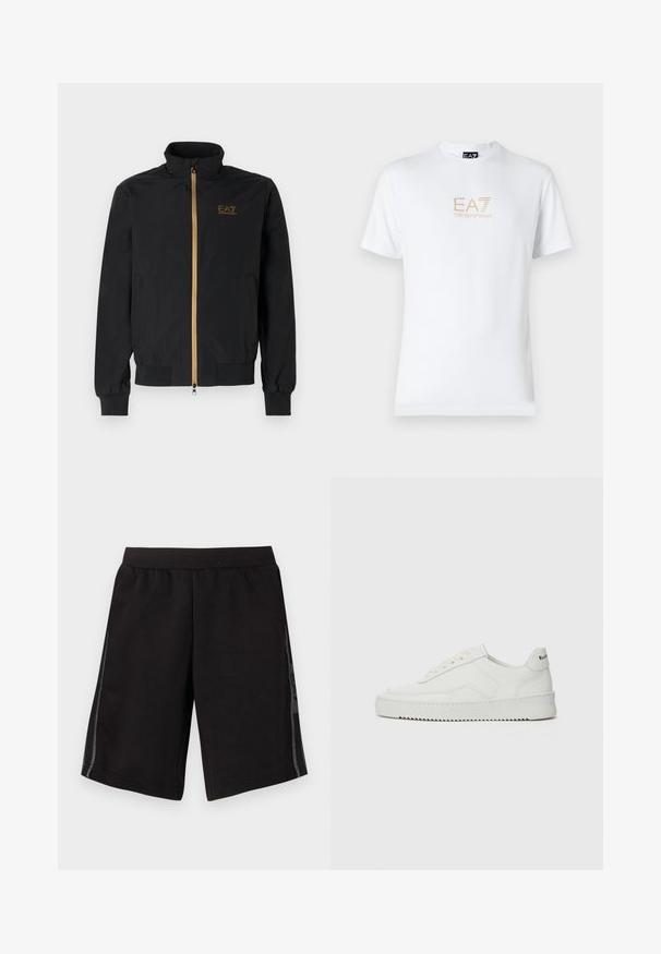 Czarna kurtka bomberka wykonana z gładkiego materiału. Ma wysoki kołnierz, złoty zamek błyskawiczny oraz logo EA7 na lewej piersi. Elastyczne mankiety i dół.; Biała bawełniana koszulka z okrągłym dekoltem i krótkimi rękawami, z nadrukowanym z przodu złotym logo EA7 Emporio Armani.; Czarne szorty sportowe z elastycznym pasem, posiadające siateczkowe panele po bokach oraz logo na lewej nodze. Gładka tekstura tkaniny.; Białe skórzane sneakersy o gładkim wykończeniu, okrągłym nosku, płaskich sznurówkach i teksturowanej podeszwie. Charakteryzują się delikatnym logo na pięcie.