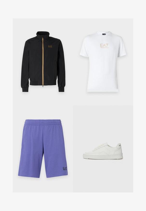 Black bomber jacket made from smooth fabric. Features a high collar, gold zipper, and EA7 logo on the left chest. Elastic cuffs and hem.; White cotton t-shirt featuring a round neckline and short sleeves, with a gold EA7 Emporio Armani logo printed on the front.; Purple athletic shorts made of soft fabric, featuring an elastic waistband and a black EA7 logo on the lower left leg.; White leather sneaker with a smooth finish, round toe, flat laces, and a textured sole. Features a subtle logo on the heel.