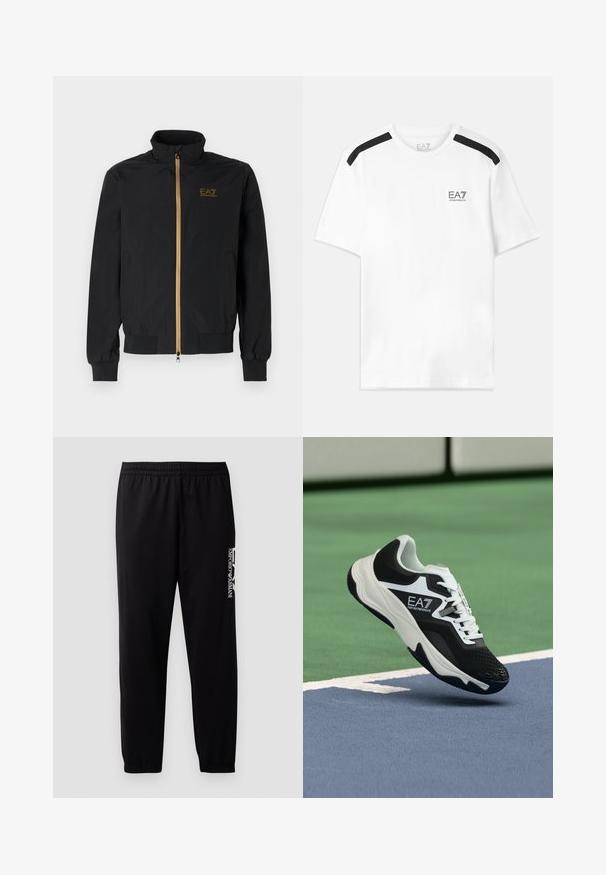 Crna bomber jakna od glatkog materijala. Ima visoki ovratnik, zlatni zip i EA7 logo na lijevoj prednjoj strani. Elastični manžeti i rub.; Bijela majica kratkih rukava s crnim naglascima na ramenima. Ima mali crni logotip na prsima. Izrađena od mekog, glatkog materijala.; Crne sportske hlače od glatkog materijala, s elastičnim pojasom i manžetama, te kontrastnim logotipom otisnutim sa strane.; Crno-bijela tenisica EA7 Emporio Armani koja se nalazi iznad plavih i zelenih linija teniskog terena.