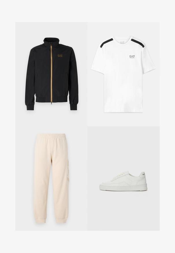 Crna bomber jakna od glatkog materijala. Ima visoki ovratnik, zlatni zip i EA7 logo na lijevoj prednjoj strani. Elastični manžeti i rub.; Bijela majica kratkih rukava s crnim naglascima na ramenima. Ima mali crni logotip na prsima. Izrađena od mekog, glatkog materijala.; Bež jogger hlače izrađene od mekog materijala, s elastičnom trakom u struku i manžetama na gležnjevima. Diskretni, urezani logo nalazi se sa strane.; Bijele kožne tenisice s glatkom površinom, okruglim vrhom, ravnim vezicama i teksturiranom potplatom. Imaju suptilan logo na peti.