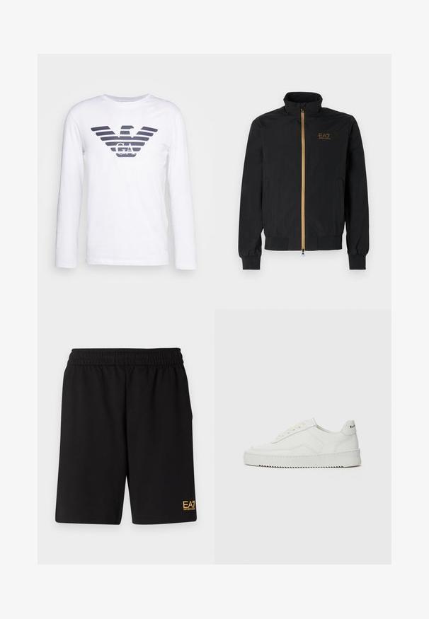 Svart bomberjakke laget av glatt stoff. Har høy krage, gullglidelås og EA7-logo på venstre bryst. Elastiske mansjetter og nederst.; Hvit langermet t-skjorte med en mørkeblå stripete ørnelogo med "GA" i senteret. Laget av mykt, glatt bomullsmateriale.; Sorte treningsshorts laget av mykt stoff, med elastisk midje og en liten gul EA7-logo nederst på venstre ben.; Hvite lærersneakers med en jevn overflate, rund tå, flate lisser og en teksturert såle. Har en subtil logo på hælen.