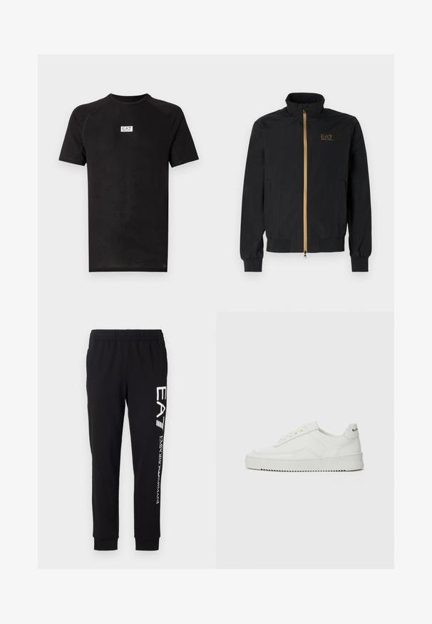 Juodas bomber stiliaus švarkas, pagamintas iš lygaus audinio. Turi aukštą apykaklę, auksinį užtrauktuką ir EA7 logotipą kairėje krūtinės pusėje. Elastingi rankogaliai ir juosta.; Juoda trumpomis rankovėmis marškinėliai su subtiliu tos pačios spalvos raštu ir mažu baltu EA7 logotipu ant krūtinės. Pagaminti iš lengvos, kvėpuojančios medžiagos.; Juodos sportinės kelnės, pagamintos iš tamprios medžiagos. Su elastingu juosmeniu, siaurėjančiomis rankovėmis ir baltais logotipais kairėje kojoje.; Balti odiniai sportiniai bateliai su lygia apdaila, apvaliu pirštu, plokščiais raišteliais ir tekstūruotu padu. Pasižymi subtiliu logotipu ant kulno.