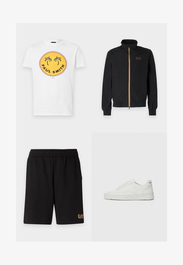 Černá bomber bunda vyrobená z hladké látky. Má vysoký límec, zlatý zip a logo EA7 na levé hrudi. Elastické manžety a lem.; Bílá bavlněná tričko s velkým kulatým potiskem na žlutém pozadí, palmami a nápisem "PAUL SMITH" tučnými černými písmeny.; Černé sportovní šortky vyrobené z měkké látky, s elastickým pasem a malým žlutým logem EA7 na dolní části levé nohy.; Bílé kožené tenisky s hladkým povrchem, kulatou špičkou, plochými tkaničkami a texturovanou podrážkou. Na patě se nachází nenápadné logo.