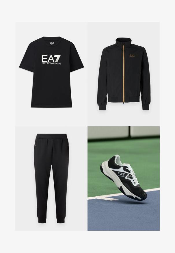 Črna bomber jakna iz gladkega materiala. Ima visok ovratnik, zlat zadrgo in logotip EA7 na levi prsni strani. Elastični manšeti in spodnji rob.; Črna majica iz bombaža, s krojenim ovratnikom in kratkimi rokavi. Izvezena oznaka "EA7 EMPORIO ARMANI" v beli barvi na sprednji strani.; Črne športne hlače iz lahkega materiala z elastičnim pasom, oženjenimi hlačnicami in stranskimi žepi. Minimalističen dizajn, brez vzorcev.; Črno-beli čevelj EA7 Emporio Armani, ki visi nad modrimi in zelenimi linijami teniškega igrišča.
