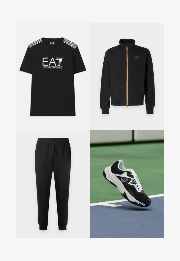 Crna bomber jakna od glatkog materijala. Ima visoki ovratnik, zlatni zip i EA7 logo na lijevoj prednjoj strani. Elastični manžeti i rub.; Crna pamučna majica s bijelim EA7 logotipom i tekstom 'Emporio Armani'. Tri bijele pruge na ramenima dodatno obogaćuju dizajn.; Crne sportske hlače od laganog materijala, s elastičnim pojasom, suženim nogavicama i bočnim džepovima. Minimalistički dizajn, bez uzoraka.; Crno-bijela tenisica EA7 Emporio Armani koja se nalazi iznad plavih i zelenih linija teniskog terena.