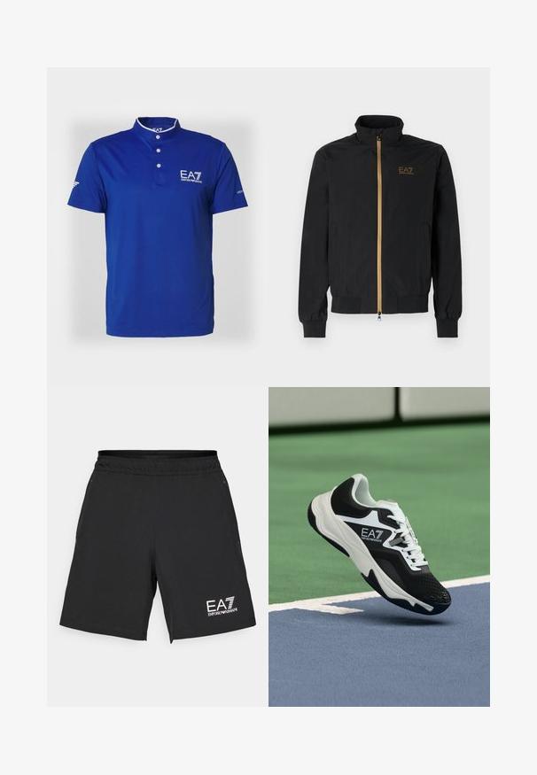 Czarna kurtka bomberka wykonana z gładkiego materiału. Ma wysoki kołnierz, złoty zamek błyskawiczny oraz logo EA7 na lewej piersi. Elastyczne mankiety i dół.; Niebieska koszulka polo z kołnierzykiem stójkowym, dwoma guzikami i krótkimi rękawami. Posiada logo na piersi oraz akcentujące detale na rękawach.; Czarne szorty sportowe wykonane z lekkiego materiału, z elastycznym paskiem w talii. Posiadają białe logo EA7 na dolnej prawej stronie.; Czarno-biały sneaker EA7 Emporio Armani zawieszony nad niebiesko-zielonymi liniami kortu tenisowego.