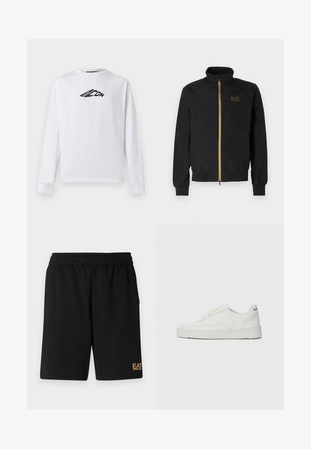 Sort bomberjakke lavet af glat stof. Har en høj krave, guld lynlås og EA7-logo på venstre bryst. Elastiske manchetter og kant.; Hvid langærmet sweatshirt lavet af bomuld, med et sort logo-design foran og ribstrikkede manchetter. Klassisk rund halsudskæring.; Sorte atletiske shorts lavet af blødt stof, med en elastisk talje og et lille gult EA7-logo nederst på venstre ben.; Hvide lædersneakers med en glat overflade, rund tå, flade snørebånd og en tekstureret sål. Har et diskret logo på hælen.