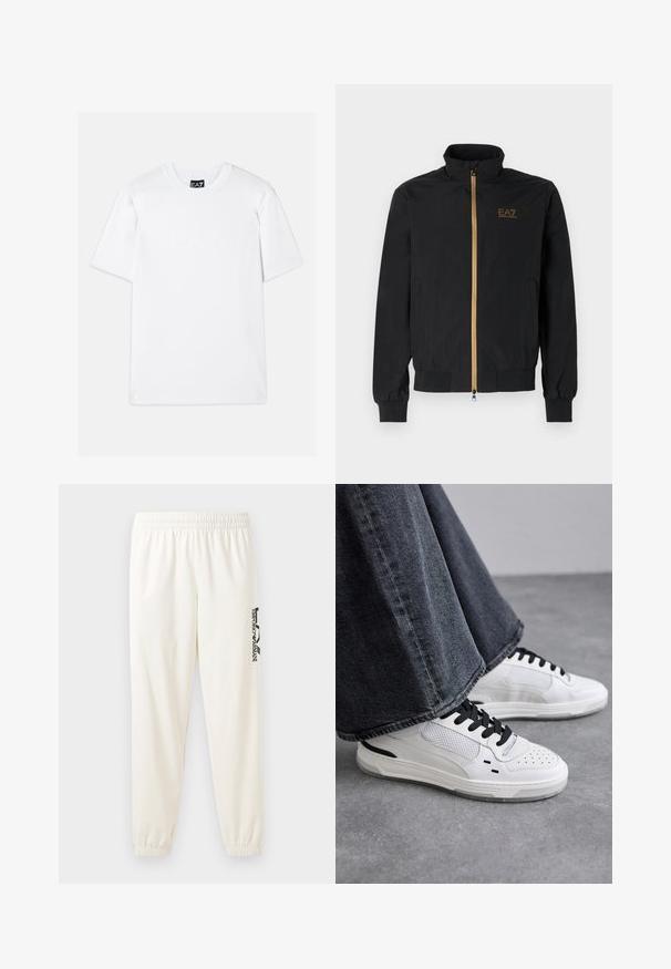 Melnā bomber jakā, izgatavota no gludas auduma. Iezīmēta ar augstu apkakli, zelta rāvējslēdzēju un EA7 logotipu kreisajā krūtī. Elastīgas aproces un malām.; Balta īsām piedurknēm T-kreklā, izgatavots no kokvilnas, ar reljefu EA7 logo priekšpusē, apaļu kakla izgriezumu un brīvu piegriezumu.; Gai bēšas sporta bikses ar elastīgu jostu un elastīgām aprocēm. Kreisajā kājā ir melns iegravēts logo. Mīksta auduma tekstūra.; Baltas sneakers ar melnām auklām un sieta detaļām. Iekļauj gludu ādas virsu un strukturētu gumijas zoli. Pāris ar platām pelēkām džinsām.