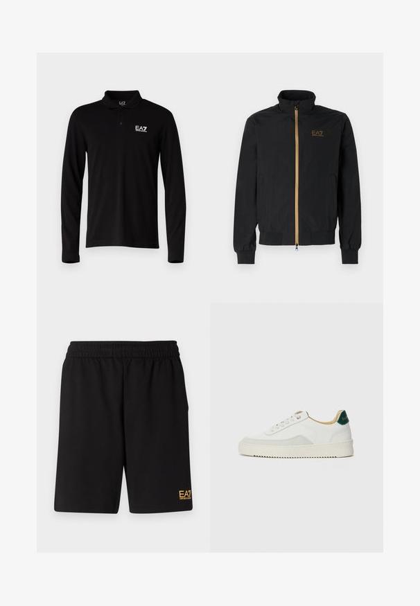 Černá bomber bunda vyrobená z hladké látky. Má vysoký límec, zlatý zip a logo EA7 na levé hrudi. Elastické manžety a lem.; Černá polo košile s dlouhým rukávem vyrobená z bavlny, s tříknoflíkovou légou a bílým vyšitým logem na levé hrudi.; Černé sportovní šortky vyrobené z měkké látky, s elastickým pasem a malým žlutým logem EA7 na dolní části levé nohy.; Bílé tenisky se semišovými prvky, kulatou špičkou, plochými tkaničkami a krémovou gumovou podrážkou. Na patě mají zelené logo.