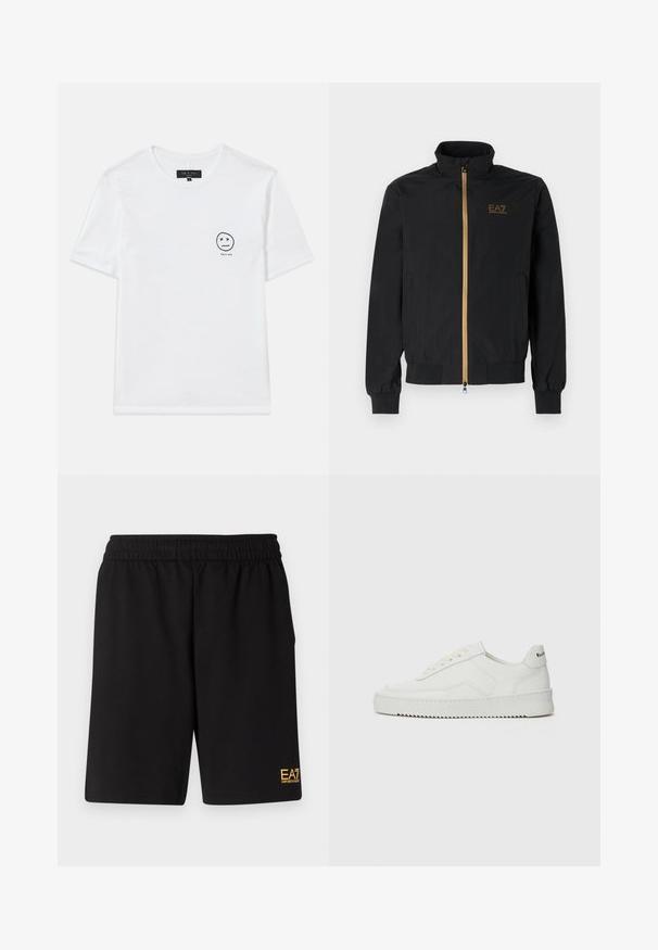 Giacca bomber nera realizzata in tessuto liscio. Presenta un alto colletto, una cerniera dorata e il logo EA7 sul lato sinistro del petto. Polsini e orlo elasticizzati.; T-shirt bianca in cotone con scollo rotondo e maniche corte. Piccola grafica nera di una faccina sorridente con occhi a 'x' sul lato sinistro del petto.; Pantaloni sportivi neri realizzati in tessuto morbido, con vita elastica e un piccolo logo EA7 giallo sulla parte bassa della gamba sinistra.; Sneaker in pelle bianca con una finitura liscia, punta rotonda, lacci piatti e suola testurizzata. Presenta un logo discreto sul tallone.