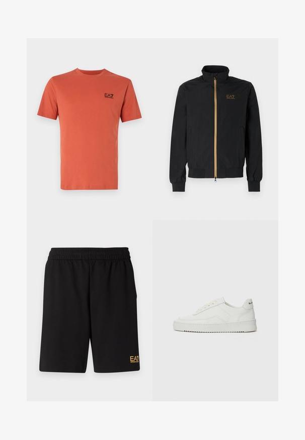 Černá bomber bunda vyrobená z hladké látky. Má vysoký límec, zlatý zip a logo EA7 na levé hrudi. Elastické manžety a lem.; Tričko s krátkým rukávem v barvě rezavé, vyrobené z bavlny, s kulatým výstřihem a malým černým logem EA7 na hrudi.; Černé sportovní šortky vyrobené z měkké látky, s elastickým pasem a malým žlutým logem EA7 na dolní části levé nohy.; Bílé kožené tenisky s hladkým povrchem, kulatou špičkou, plochými tkaničkami a texturovanou podrážkou. Na patě se nachází nenápadné logo.
