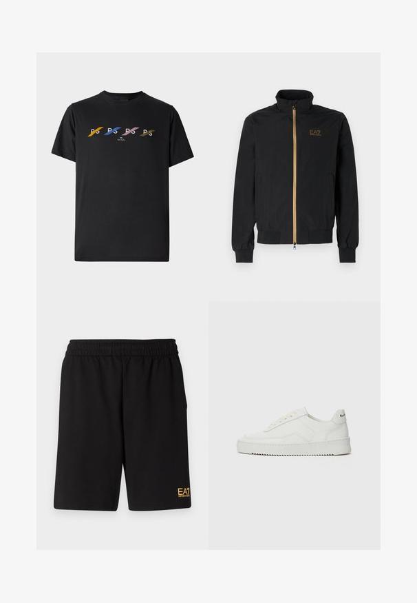 Sort bomberjakke lavet af glat stof. Har en høj krave, guld lynlås og EA7-logo på venstre bryst. Elastiske manchetter og kant.; Sort bomulds T-shirt med et farverigt trykt design, der har bogstaverne "P" og "S" i gul, blå, pink og grøn, centreret på brystet.; Sorte atletiske shorts lavet af blødt stof, med en elastisk talje og et lille gult EA7-logo nederst på venstre ben.; Hvide lædersneakers med en glat overflade, rund tå, flade snørebånd og en tekstureret sål. Har et diskret logo på hælen.