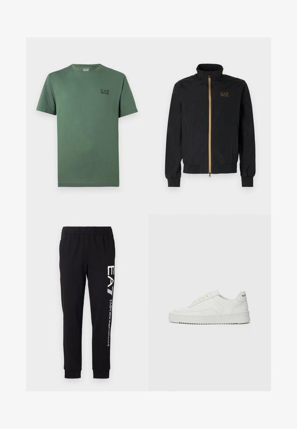 Black bomber jacket made from smooth fabric. Features a high collar, gold zipper, and EA7 logo on the left chest. Elastic cuffs and hem.; Green cotton t-shirt featuring a crew neck and short sleeves, with a small black logo on the left chest area. Smooth texture, casual fit.; Black sweatpants made of stretchy fabric. Features an elastic waistband, tapered cuffs, and white branding on the left leg.; White leather sneaker with a smooth finish, round toe, flat laces, and a textured sole. Features a subtle logo on the heel.