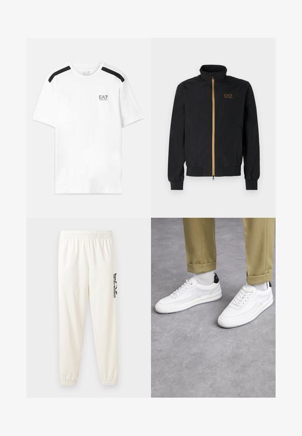 Černá bomber bunda vyrobená z hladké látky. Má vysoký límec, zlatý zip a logo EA7 na levé hrudi. Elastické manžety a lem.; Bílý krátký rukáv tričko s černými akcentními pruhy na ramenou. Na hrudi se nachází malé černé logo. Vyrobeno z měkké, hladké tkaniny.; Svetle béžové tepláky s elastickým pasem a elastickými manžetami. Na levé noze je černý tištěný logo. Měkká textura látky.; Bílé tenisky s texturovaným koženým povrchem, zaoblenou špičkou a černým akcentem na patě. Gumová podrážka s malým vzorem a šitými detaily.