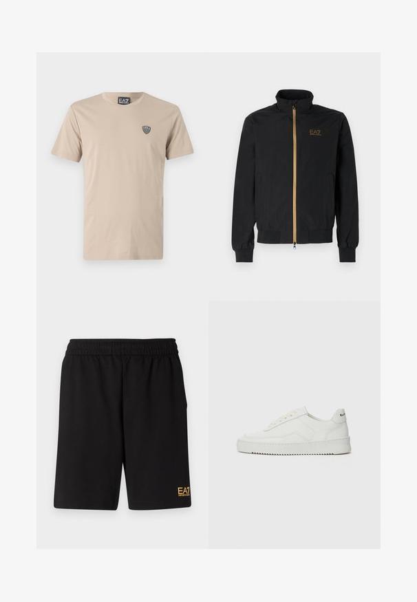 Čierna bomber bunda vyrobená z hladkej látky. Má vysoký golier, zlatý zips a logo EA7 na ľavej hrudi. Elastické manžety a lem.; Béžové bavlnené tričko s okrúhlym výstrihom a krátkymi rukávmi, so malou čiernou nášivkou loga EA7 na ľavej hrudi. Hladký povrch.; Čierne športové šortky vyrobené z jemného materiálu, s elastickým pásom a malým žltým logom EA7 na dolnej ľavej nohe.; Biele kožené tenisky s hladkým povrchom, okrúly špičkový dizajn, ploché šnúrky a textúrovaná podrážka. Obsahujú jemné logo na päte.