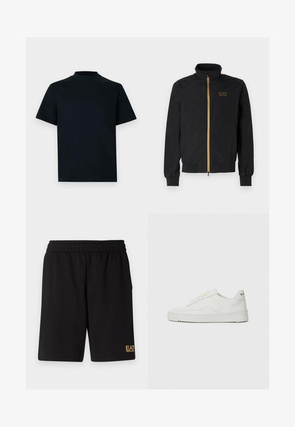 Jachetă bomber neagră confecționată dintr-un material neted. Dispune de un guler înalt, fermoar aurit și logo-ul EA7 pe partea stângă a pieptului. Mansete și tiv elastic.; Tricou cu mânecă scurtă, de culoare neagră, cu guler înalt. Confecționat dintr-un material neted, are un design minimalist și un branding subtil pe piept.; Shorts atletici negri dintr-un material moale, având o talie elastică și un mic logo galben EA7 pe partea inferioară a piciorului stâng.; Sneakers din piele albă cu un finisaj neted, vârf rotund, șireturi plate și o talpă texturată. Prezintă un logo subtil pe călcâi.