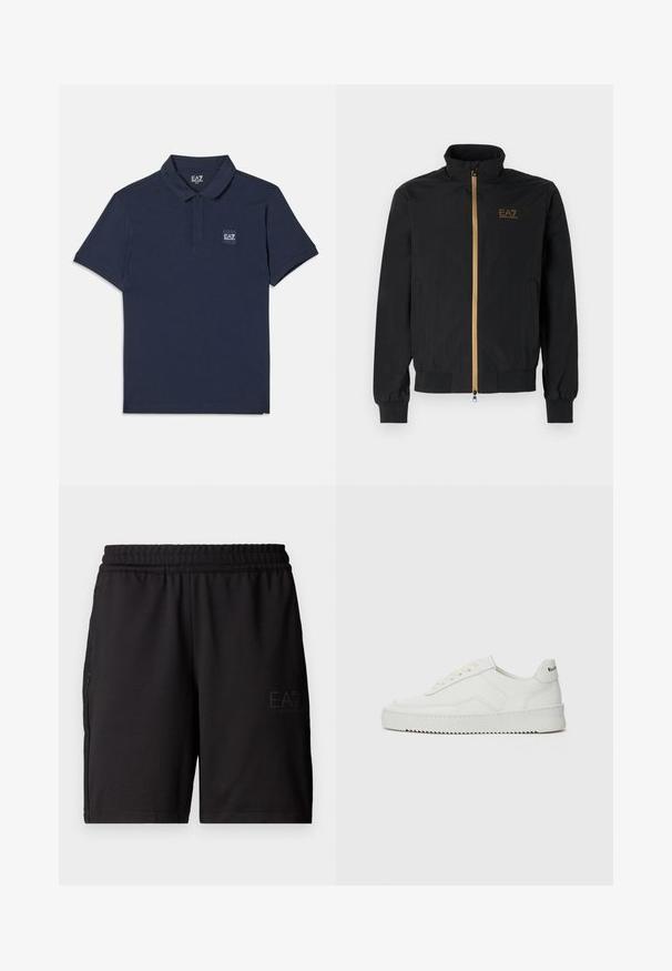 Melnā bomber jakā, izgatavota no gludas auduma. Iezīmēta ar augstu apkakli, zelta rāvējslēdzēju un EA7 logotipu kreisajā krūtī. Elastīgas aproces un malām.; Tumši zila polo kreklu izgatavots no kokvilnas, ar klasisku apkakli, īsām piedurknēm un nelielu EA7 logotipu izšūtu kreisajā krūtī.; Melni sporta šorti, izgatavoti no viegla auduma, ar elastīgu jostasvietu un sieta sānu paneļiem. Zīmola logo drukāts priekšpusē.; Baltas ādas sneakers ar gludu virsmu, apaļu pirkstu daļu, plakaniem šņorēm un teksturētu zoli. Satur diskrētu logotipu uz papēža.