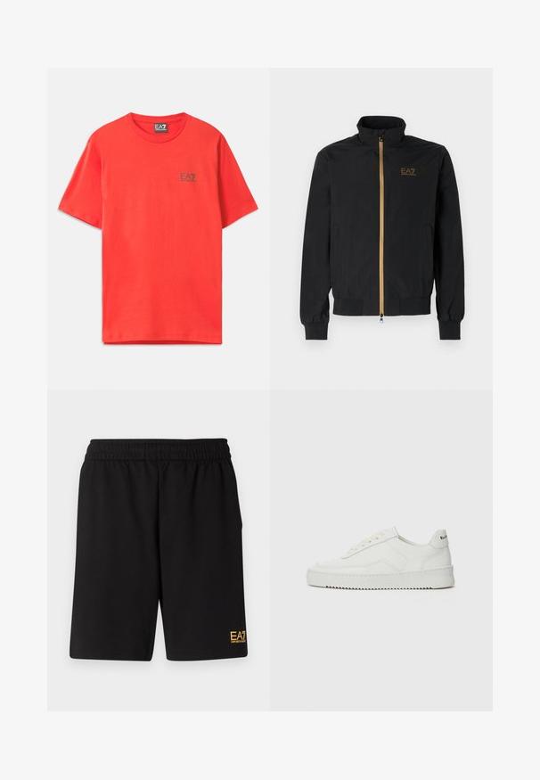 Černá bomber bunda vyrobená z hladké látky. Má vysoký límec, zlatý zip a logo EA7 na levé hrudi. Elastické manžety a lem.; Červené bavlněné tričko s krátkým rukávem, na levé straně hrudi se nachází malé černé logo EA7, klasický kulatý výstřih.; Černé sportovní šortky vyrobené z měkké látky, s elastickým pasem a malým žlutým logem EA7 na dolní části levé nohy.; Bílé kožené tenisky s hladkým povrchem, kulatou špičkou, plochými tkaničkami a texturovanou podrážkou. Na patě se nachází nenápadné logo.