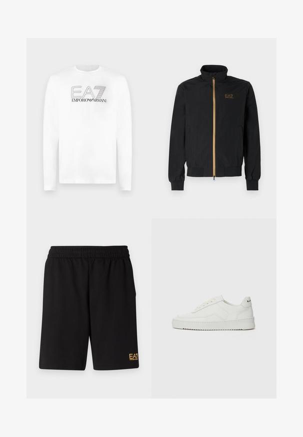 Casaco bomber preto feito de tecido liso. Apresenta um colarinho alto, fecho dourado e o logo EA7 no peito esquerdo. Punhos e barra elásticos.; T-shirt branca de manga comprida feita de algodão. Apresenta o logótipo "EA7" bordado a preto, com o texto "EMPORIO ARMANI" por baixo. Decote redondo simples.; Calções desportivos pretos feitos de um tecido suave, com um cós elástico e um pequeno logótipo amarelo EA7 na parte inferior da perna esquerda.; Sapatilha de couro branco com acabamento suave, bico redondo, atacadores planos e uma sola texturizada. Apresenta um logotipo discreto no calcanhar.