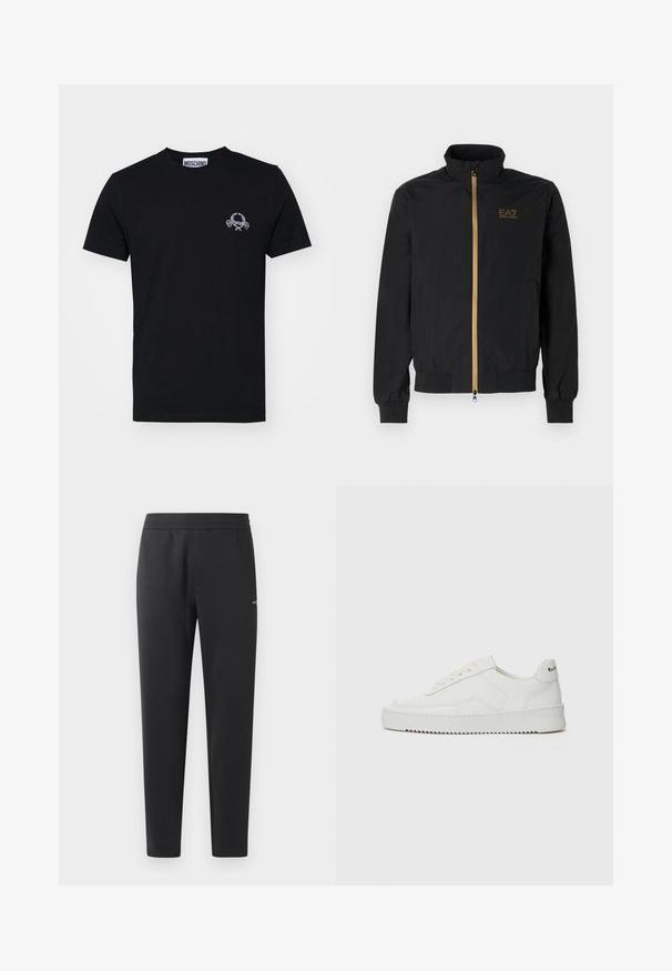Black bomber jacket made from smooth fabric. Features a high collar, gold zipper, and EA7 logo on the left chest. Elastic cuffs and hem.; Black cotton t-shirt featuring a small white graphic design on the chest. Classic crew neck and short sleeves, smooth texture.; Black jogger pants made of soft fabric, featuring an elastic waistband, straight legs, and a single small logo detail on the side.; White leather sneaker with a smooth finish, round toe, flat laces, and a textured sole. Features a subtle logo on the heel.
