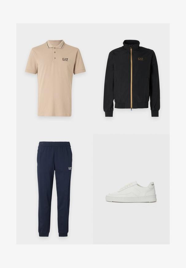 Čierna bomber bunda vyrobená z hladkej látky. Má vysoký golier, zlatý zips a logo EA7 na ľavej hrudi. Elastické manžety a lem.; Bežová polo košeľa z bavlny, s čiernym ribovaným golierom, trojbtnou manžetou a logom EA7. Hladká textúra s krátkymi rukávmi.; Námornícke modré tepláky s elastickým pásom a manžetami. Na ľavej nohe je malé biele logo. Vyrobené z mäkkého, elastického materiálu.; Biele kožené tenisky s hladkým povrchom, okrúly špičkový dizajn, ploché šnúrky a textúrovaná podrážka. Obsahujú jemné logo na päte.