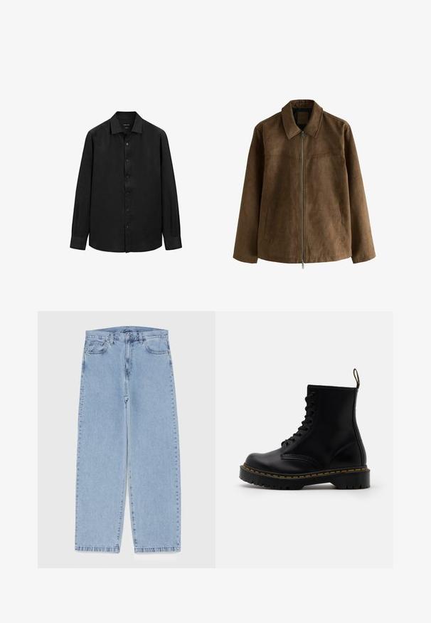 Brun ruskindjakke med lange ærmer, frontlynlås, to sidelommer og spidse kraver.; Sort langærmet skjorte lavet af struktureret stof; har en spids krave og knaplukning foran. Enkel design, ingen mønstre.; Lyseblå denimjeans med straight leg-design, der har en mid-rise talje, fem lommer og en lukning med knap og lynlås.; Sorte læder ankelstøvler med snørebånd foran, gul syning, en rund tå og en tyk, tekstureret gummisål.
