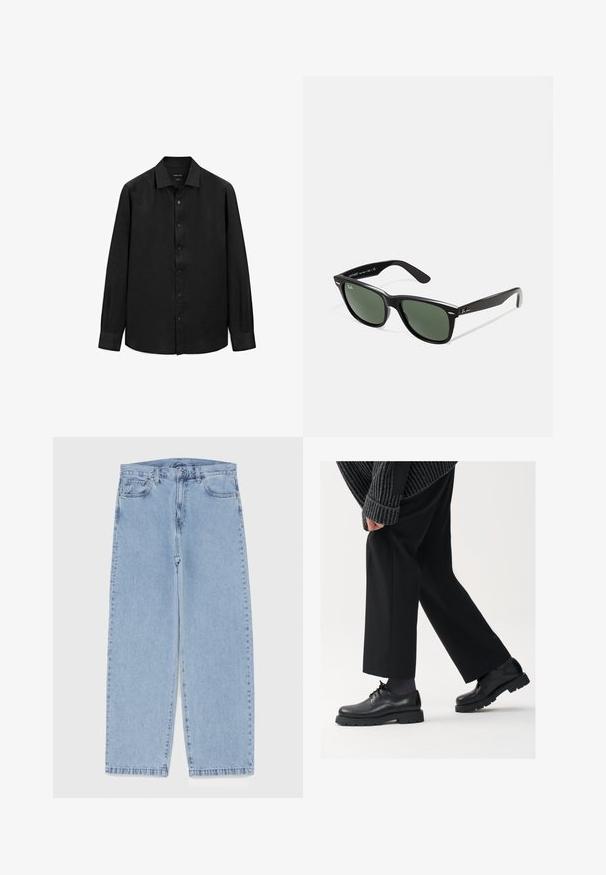 Braune Wildlederjacke mit langen Ärmeln, Frontreißverschluss, zwei Seitentaschen und spitzem Kragen.; Schwarzes Langarmshirt aus strukturiertem Stoff; mit einem spitzen Kragen und Knopfverschluss an der Vorderseite. Einfaches Design, ohne Muster.; Hellblaue Jeans aus Denim mit geradem Bein, ausgestattet mit einer mittelhohen Taille, fünf Taschen sowie einem Knopf- und Reißverschluss.; Schwarze Lederschuhe mit einer runden Spitze, Schnürdesign und dicker, strukturierter Sohle. Getragen mit maßgeschneiderten schwarzen Hosen und einem gerippten Pullover.; Schwarze Plastiksonnenbrille mit grünen Gläsern, quadratischen Rahmen, silbernem Akzent auf der Augenbraue und strukturierten Bügeln. Angegebene Marke auf dem inneren Bügel.