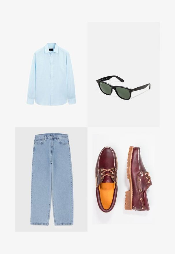 Hnědá semišová bunda s dlouhými rukávy, předním zipovým zapínáním, dvěma bočními kapsami a špičatým límcem.; Světlé modré dlouhé rukávy košile z lnu. Obsahuje klasický límeček, přední knoflíky a knoflíkové manžety s hladkou texturou.; Světle modré džíny s rovnými nohavicemi, středním pasem, pěti kapsami a zapínáním na knoflík a zip.; Burgundské kožené boty s hnědými gumovými podrážkami, kulatou špičkou, bílým prošíváním a zlatými očky. Interiér obsahuje žlutou podšívku.; Černé plastové sluneční brýle se zelenými skly, čtvercové obroučky, stříbrný detail na obočí a texturované stranice. Značka uvedená na vnitřní straně stranic.