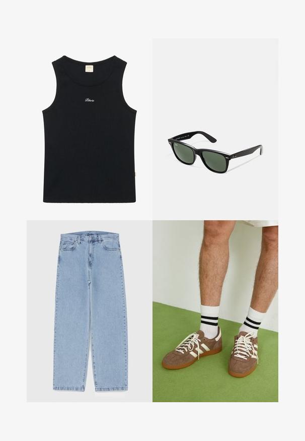 Veste en daim marron avec manches longues, fermeture à glissière sur le devant, deux poches latérales et col pointu.; Débardeur noir côtelé avec un col rond et un ourlet surpiqué. Présente le logo brodé "Blkrts" en blanc sur le devant. Matière douce en mélange de coton.; Chemise noire à manches longues en tissu texturé ; elle possède un col pointu et une fermeture à boutons à l'avant. Design simple, sans motifs.; Jean en denim bleu clair avec une coupe droite, présentant une taille mi-haute, cinq poches, et une fermeture à bouton et à fermeture éclair.; Baskets en daim marron avec des accents et des lacets blancs. Semelle en caoutchouc gomme. Portées avec des chaussettes blanches à rayures noires. Sol texturé vert.; Lunettes de soleil en plastique noir avec verres verts, monture carrée, accent argenté sur le sourcil et branches texturées. Marque indiquée sur l'intérieur de la branche.