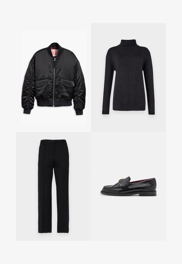 Czarna bomberka wykonana z gładkiego materiału, z zamkiem błyskawicznym z przodu, ściągaczami przy mankietach i dwoma kieszeniami naszytymi z elastycznym dołem.; Czarny sweter z golfem wykonany z teksturowanej dzianiny, z długimi rękawami oraz ściągaczami przy mankietach i u dołu.; Czarne, dopasowane spodnie z prostymi nogawkami, z przodu z zagnieceniami i płaskim paskiem. Wykonane z gładkiego, teksturowanego materiału.; Czarne skórzane mokasyny z przeszywanym wzorem, gładką teksturą, złotym zapięciem i zaokrąglonym czubkiem, osadzone na niskiej czarnej podeszwie.