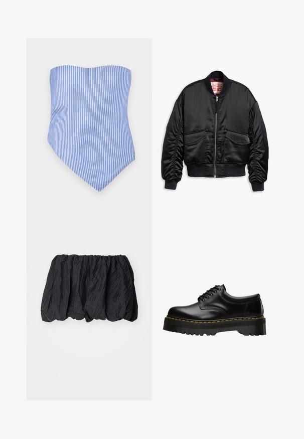 Must mustri jope, mis on valmistatud siledast kangast, ees on lukuga, ribikätistega ja kahel patch-kotil, millel on elastne ääreosa.; Kandita sinise ja valge vertikaalse triibuga tops, millel on terav äär. Valmistatud kergest kangast, omab sujuvat tekstuuri ja kohandatud lõiget.; Must have rakkudest valmistatud must topp, millel on elastne vöökoht, tekstureeritud pind ja kogumisega disain, et luua volüümikas kuju.; Mustan nahast lace-up kingad, millel on paks, sakiline must kummitald ja kollane õmblus ääres, millel on sile viimistlus.