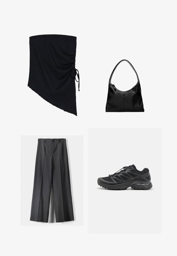 Črna bomber jakna iz gladkega materiala, z zadrgo spredaj, rebrastimi manšeti in dvema žepoma z našitkom ter elastičnim robom.; Črno blago zavito v teksturirani površini, ki ima asimetrično obliko in naborke, ki so pritrjeni s stranskim vezanjem.; Hlače širokega kroja v temno sivi tkanini, z gumbnim zapenjanjem, sprednjimi naborki in zankami za pas. Gladka tekstura s prilagojenim dizajnom.; Črne tekaške čevlje z mrežasto in sintetično zgornjimi deli, prilagodljivim podplatom ter elastičnimi vezalkami. Imajo oblazinjen srednji podplat za udobje.; Črna usnjena torba za ramo z gladko teksturo, ukrivljenim vrhom in enim trakom. Ima zadrgo in minimalističen dizajn.