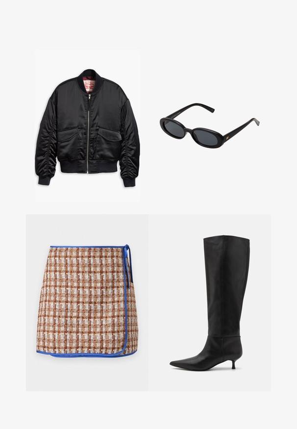 Fekete bomberdzseki sima anyagból, elöl cipzárral, bordás mandzsettákkal és két folt zsebbel, rugalmas derékkal.; Fehér bordázott ujjatlan póló, melyen a mellkas közepén egy fekete hímzett logó található. A nyakkivágás és az ujjak nyílásai finom szegéllyel vannak ellátva.; Fonott, barna és fehér kockás mintás szoknya kék díszítéssel. Oldalt megkötős és texturált anyaggal a részletes megjelenés érdekében.; Térdmagas fekete bőr csizmák, hegyes orral és kicsi sarokkal. Simább textúrával és minimalista dizájnnal, látható fém alkatrészek vagy díszítések nélkül.; Fekete, oversize napszemüveg ovális lencsékkel, sima műanyag kerettel és arany részletekkel a fülpánton. Sötét lencséi védelmet nyújtanak a napfény ellen.