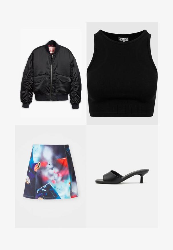 Veste bomber noire en tissu lisse, dotée d'une fermeture éclair sur le devant, de poignets côtelés et de deux poches à patte avec un ourlet élastique.; Top court côtelé noir avec un col rond et sans manches. Fabriqué en tissu extensible et texturé. Étiquette mentionne "Urban Classics."; Jupe de sport courte et multicolore avec un design éclaboussé vibrant incluant des accents et des logos. Fabriquée en tissu léger et respirant.; Sandales noires à glisser avec une tige en cuir lisse, bout ouvert et un petit talon brillant. Design minimaliste avec une forme incurvée et une finition épurée.