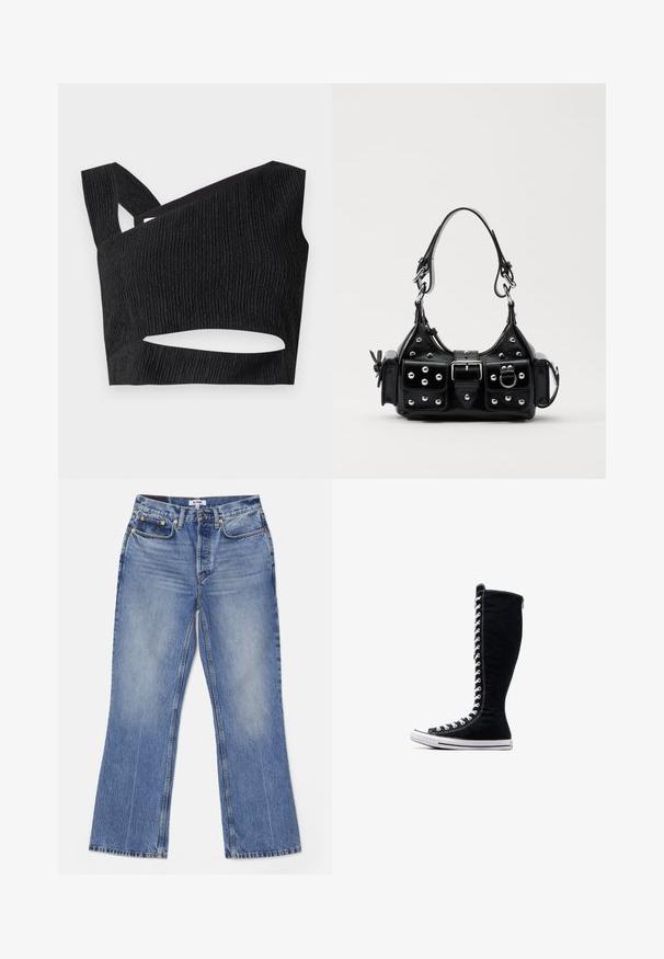 Must mustri jope, mis on valmistatud siledast kangast, ees on lukuga, ribikätistega ja kahel patch-kotil, millel on elastne ääreosa.; Mustamata lühike topp tekstureeritud kangast, asümmeetrilise lõikega kaelus ja lõikega detail vööl. Omab laiu rihmasid ja kitsast disaini.; RE/DONE LOOSE - Bootcut-teksad - hacienda; Mustad mustad ketsid, millel on pikk disain, valmistatud kanvasest. Omavad valgeid paelu, õmblusi ja kummist tallat, millel on varbapatja kate.; Must värvi nahast käekott, millel on kaarjas disain, hõbedased nupukesed, kinnitusahe ja kaks külgtaskut. Reguleeritav rihm erinevate kandmisvõimaluste jaoks.