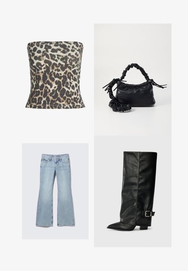 Svart bomberjakke laget av glatt stoff, med glidelås foran, ribbede mansjetter, to lommer med klaff og elastisk kant.; Leopardmønstret stroppeløs topp laget av ribbestrikket stoff, med en blanding av svart, brun og kremfarger, med en tettsittende design og nedbrettede kanter.; Weekday NOVA - Jeans slim fit - lip blue; Svarte lær ankelstøvler med spiss tå, glatt tekstur og en sølvspenne aksent på siden. Kraftig firkantet hæl.; Svart faux skinn-håndveske med krokodilletekstur, strammet topp og en rynket stropp. Ser myk og kompakt ut i designen.