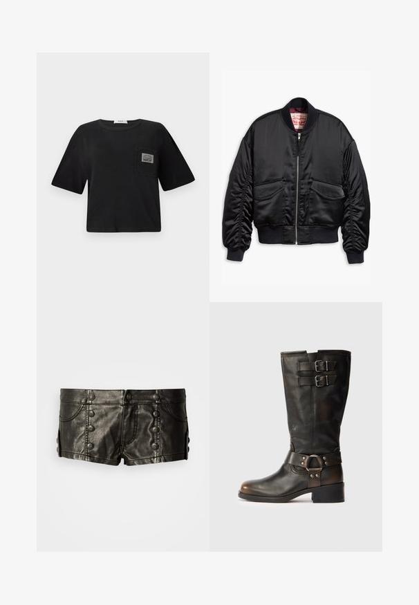 Chaqueta bomber negra hecha de tela suave, con cierre frontal, puños acanalados y dos bolsillos de parche con dobladillo elástico.; Camiseta cortada negra de algodón, con un escote redondo y mangas cortas. Incluye un bolsillo de parche con una etiqueta "REPLAY".; Pantalones cortos de cuero negro de tiro bajo con botones metálicos decorativos en el frente y los lados, con bolsillos delanteros y detalles de costura.; Bota de cuero negro hasta media pantorrilla con dos hebillas cerca de la parte superior y una correa con detalle de anillo de metal alrededor del tobillo sobre un fondo blanco.