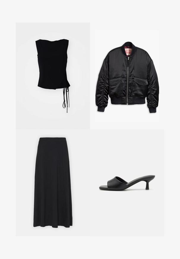 Fekete bomberdzseki sima anyagból, elöl cipzárral, bordás mandzsettákkal és két folt zsebbel, rugalmas derékkal.; Fekete ujj nélküli felső, átkötős dizájnnal, oldalsó megkötőkkel és sima textúrával. Egyenes szabású alj, modern, minimalista esztétikával.; Fekete maxi szoknya. Szélesedő design sima textúrával és rugalmas derékkal. Nincsenek látható minták vagy díszítések.; Fekete csúszó szandál sima bőr felsőrésszel, nyitott orral és alacsony, fényes sarokkal. Minimalista dizájn íves formával és sima felülettel.