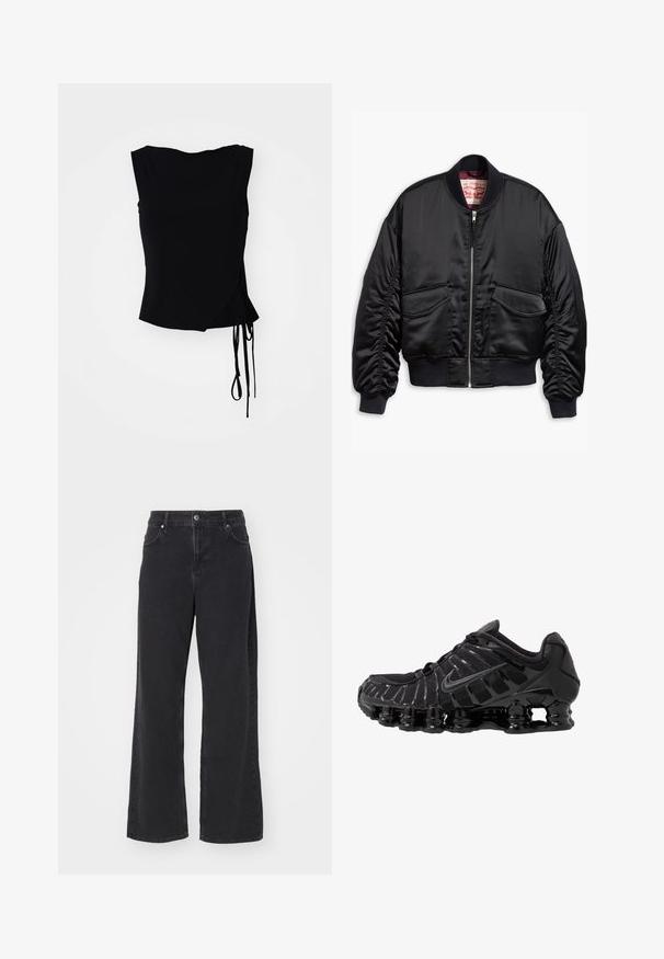Fekete bomberdzseki sima anyagból, elöl cipzárral, bordás mandzsettákkal és két folt zsebbel, rugalmas derékkal.; Fekete ujj nélküli felső, átkötős dizájnnal, oldalsó megkötőkkel és sima textúrával. Egyenes szabású alj, modern, minimalista esztétikával.; Fekete, magas derekú, egyenes szárú farmernadrág elülső gombbal, övakasztókkal és zsebekkel, fehér háttér előtt bemutatva.; Fekete sportcipő hálós felsőrésszel és fényes részletekkel. Ívelt rugózó párnázással és texturált vonalakkal rendelkezik az oldalán. Nike logó látható.