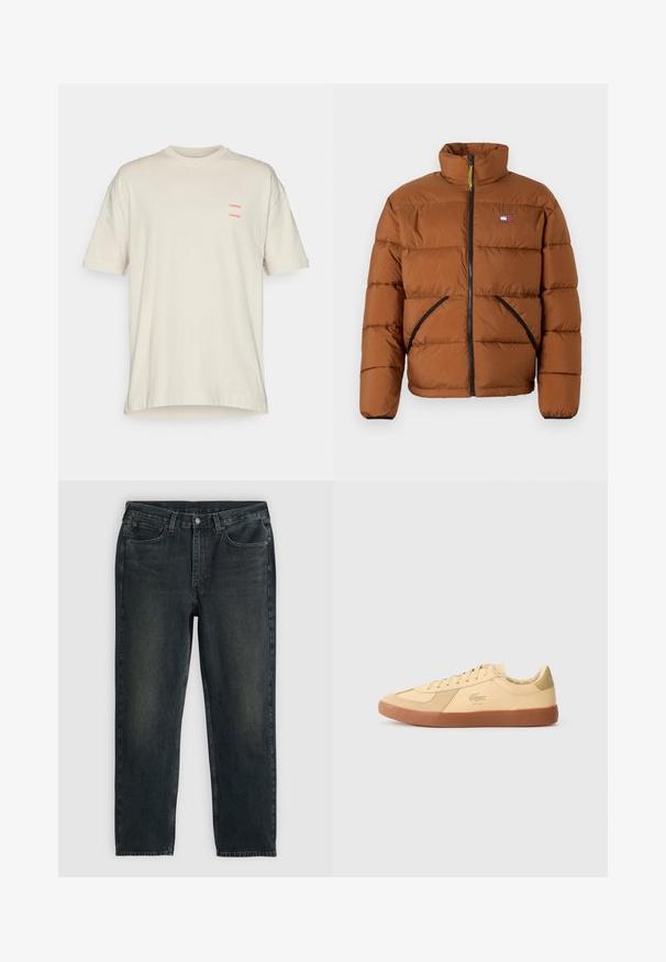 Tommy Jeans VAIL PUFFER - Chaqueta de invierno - pecan nut; Camiseta de algodón beige con corte relajado, que presenta un cuello redondo y mangas cortas. Acentos duales de texto rojo "SAMSØE" en el lado izquierdo del pecho.; Vaqueros de mezclilla azul oscuro con un corte recto, que cuentan con cinco bolsillos, una cremallera en la bragueta y costuras en contraste. Ligera decoloración en la tela.; Zapatillas Lacoste de cuero amarillo pálido, con suela de goma, diseño de cordones y logotipo icónico. Acentos de ante en la punta y el talón.