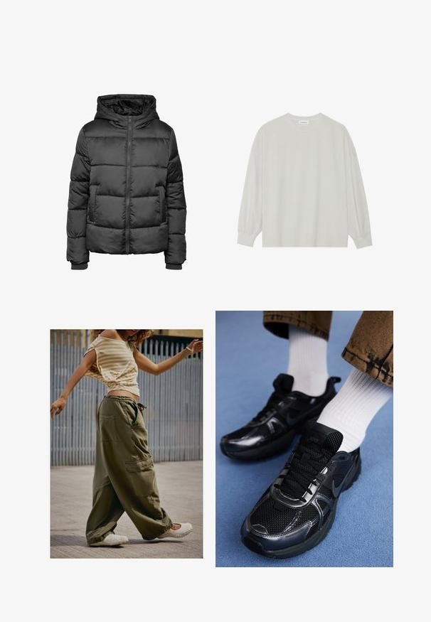 Zwarte gewatteerde jas met ritssluiting aan de voorkant, gevoerde capuchon, gewatteerde textuur, twee steekzakken aan de voorkant en geribbelde manchetten.; Lichtgrijze langarm t-shirt van zacht katoen. Heeft een losse pasvorm, ronde halslijn en zachtGathered manchetten. Geen patronen of graphics.; Olijfgroene cargo-broek met grote zakken, ontspannen pasvorm en trekkoord in de taille; gecombineerd met een lichtbeige gestreept topje en witte instapschoenen.; Zwarte Nike sportschoenen met een mesh bovenkant en glanzende accenten, zwarte veters en een gestructureerde zool. In combinatie met witte geribde sokken.