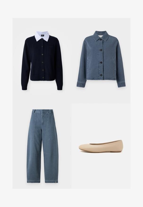 Jachetă din denim texturată albastră, cu guler, închidere frontală cu nasturi, două buzunare laterale și manșete elastice.; Cardigan bleu marin cu nasturi la frunt, cu manșete canelate și o buzunar. Prezintă o cămașă cu guler în dungi albastre și albe dedesubt.; Cămașă cu nasturi în dungi navy și alb, cu mâneci lungi, o singură unghiere pe piept și un guler clasic, realizată dintr-un material ușor.; Pantaloni largi din denim de o nuanță albastră deschisă, cu o suprafață texturată, două buzunare frontale și cusături rezistente la tiv.; Balerini din piele bej, cu vârful rotund, detalii de cusătură minime, toc mic și un logo subtil pe partea din spate. Textură netedă, mată.